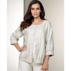Eileen Fisher Cream Metallic Twinkle Linen Jacket Blazer Small 3/4 sleeve